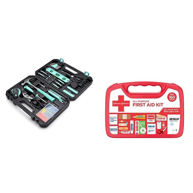 Amazon Basics Household Tool Kit with Tool Storage Case - 142-Piece, Turquoise & Johnson & Johnson All-Purpose Portable Compact Emergency First Aid Kit, 160 pc