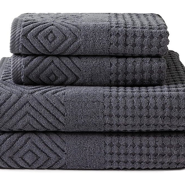 Texere 100% Organic Cotton Diamond Jacquard 700 GSM Luxury Bath Towel Sets - Ultra Soft and Absorbent Hotel and Spa Quality (Diamond, Charcoal, 2 Bath & 2 Hand Towels)