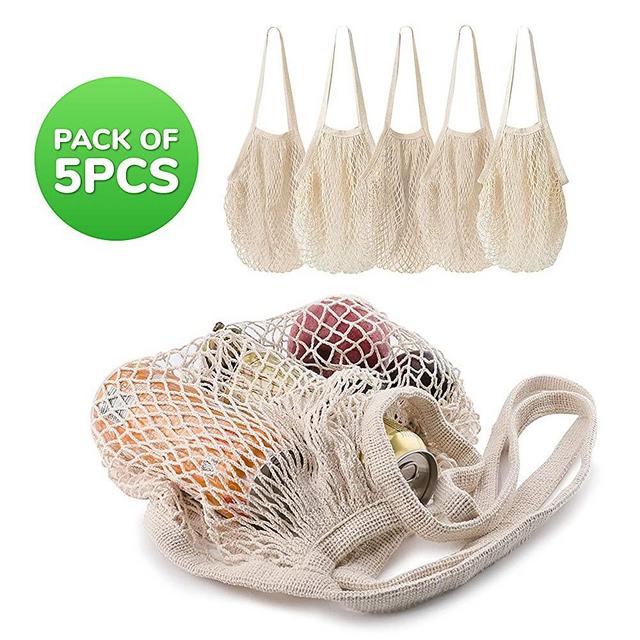 5 pack Cotton String Shopping Bags Reusable Washable Grocery Mesh Bags Organizer for Grocery Shopping Produce Net Bags with Longhandle for Fruit Vegetable Storage