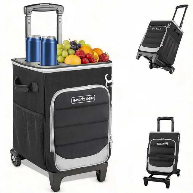 INSMEER 2-in-1 Rolling Cooler with Wheels, 60 Cans Collapsible Soft Sided Cooler on Wheels, Hard Top with 2 Cup Holders, Insulated 100% Leakproof Wheeled Cooler Bag for Beach Camping Outdoor