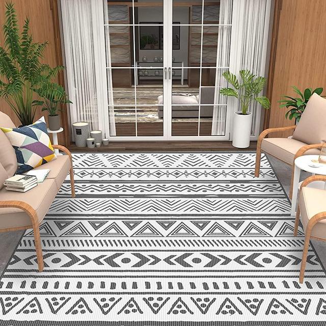 Dormot Outdoor Rug Boho Camping Rug Indoor Outdoor Carpet Waterproof Easy Cleaning Outdoor Area Rug RV Outdoor Rug Plastic Straw Rug Patio Rug for Patio Deck Picnic Beach Backyard (6'x9', Grey/White)
