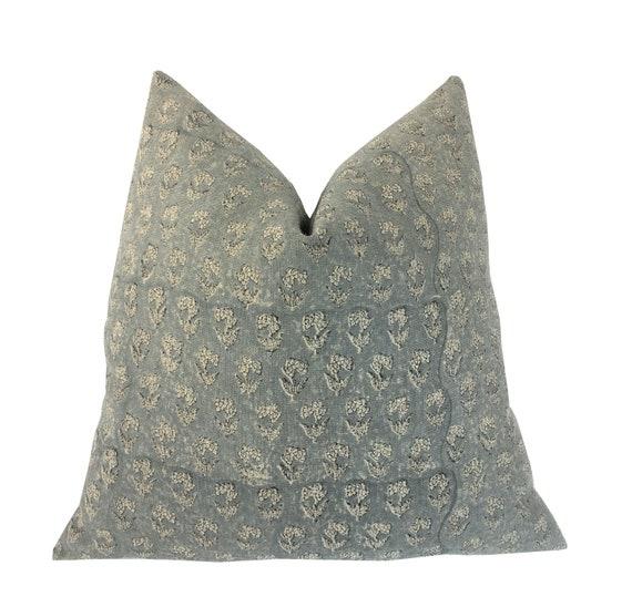 Slate Blue Floral Hand Block Print Pillow