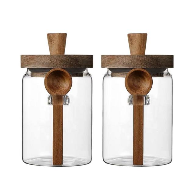 ANSQU Set of 2 Glass Food Storage Jars with Bamboo Wood Lid and Spoon, 27oz Glass Kitchen Canisters for Coffee, Tea, Cereal, Spice and Canning, Mason Jars (27oz-2pack)