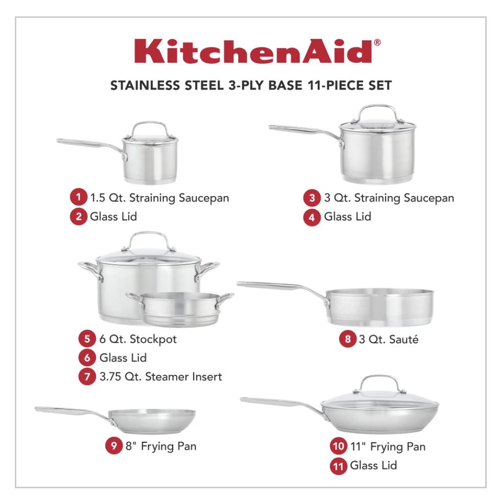 KitchenAid 11-Piece Tri-Ply Stainless Steel Cookware Set