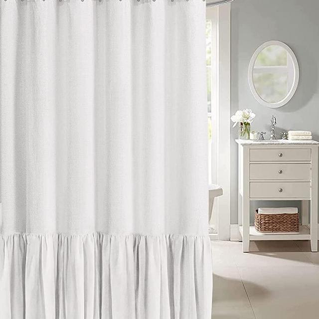 Farmhouse Shower Curtain with A Ruffle Hem,Ivory White Linen Shower Curtain for Bathroom，72"x72"