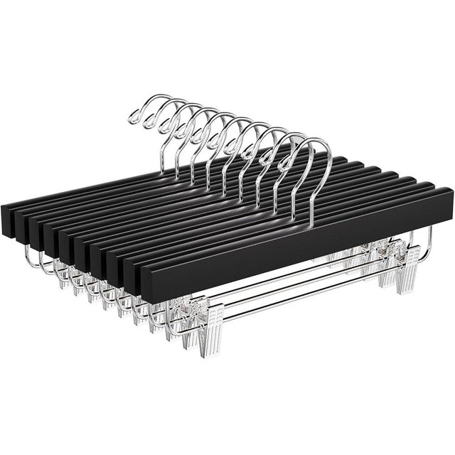 BAGAIL 10 Pack Wooden Pants Hangers with Adjustable Clips, 360°Swivel Hook Space Saving Skirt Holders with Anti-Rust Clips for Trousers, Jeans, Shorts (Black)