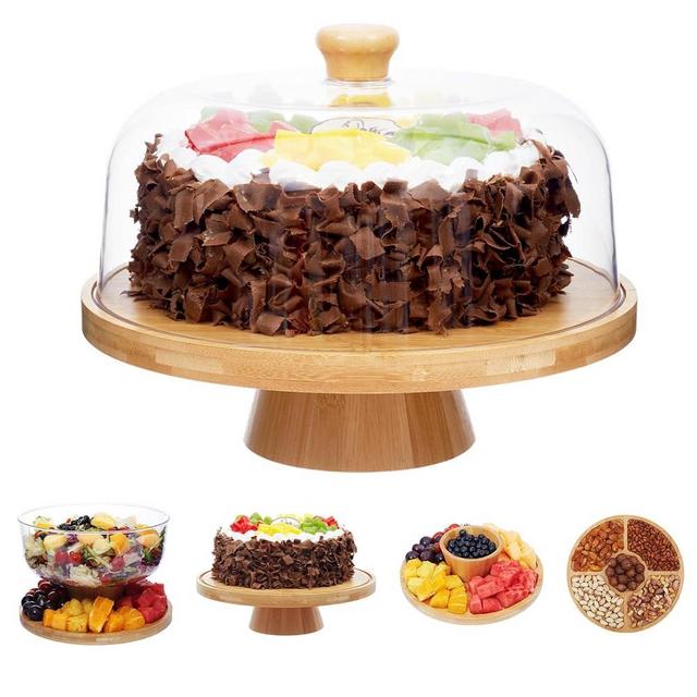 Timboops Home Bamboo Cake Stand with Lid, 6-in-1 Multifunctional Cake Plate, Cake Holder, Serving Tray, Fruit Platter, Salad Bowl, Dessert Table Display & Acrylic Cake Dome Cover