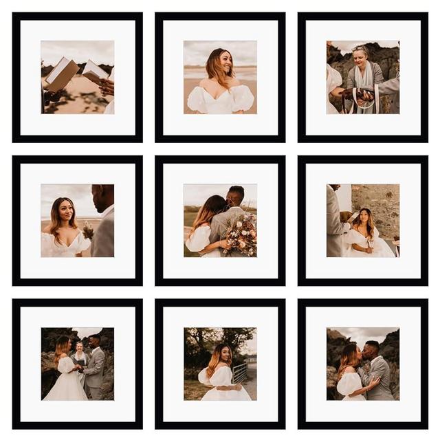 BSRHOME 12x12 Picture Frame Set of 9, Display Pictures 8x8 with Mat or 12x12 without Mat, Multi Collage Gallery Square Photo Frames for Wall or Tabletop, Black