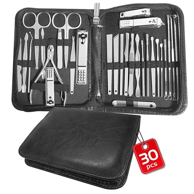 Manicure Set 30 in 1 Nail Clipper Set, Andrea nail care kit, Including Nail Clippers and Toenail Clippers, Pedicure Set, Travel Manicure Set Comes with a luxury leather bag(stainless steel)