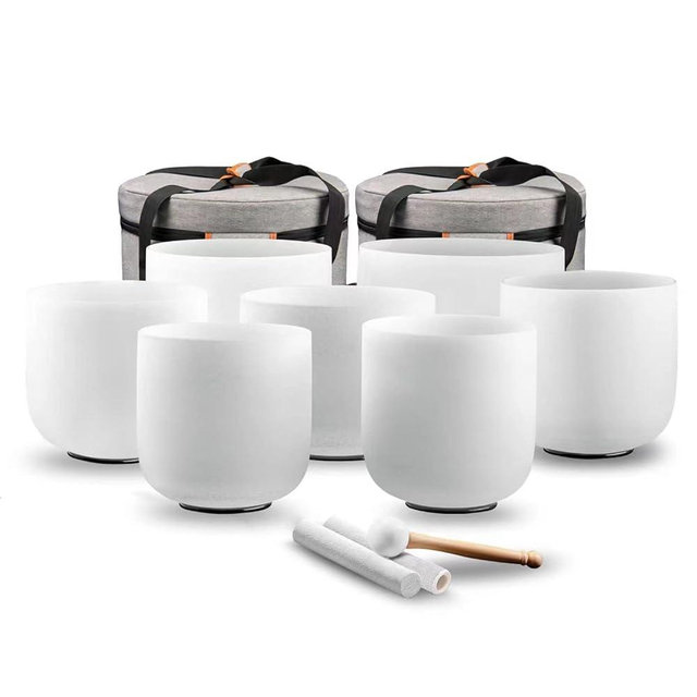 RYAN DVAN 432 hz 7-12 Inch Set of 7 Frosted Quartz Crystal Singing Bowl Chakra Set with Free 2 pcs Carrying Case