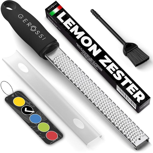 Stainless Steel Cheese Grater & Lemon Zester w/Extra Sharp Blade - Perfect for Lemon, Parmesan, Garlic, Chocolate - Spice Up any Dish in Seconds w/Your Premium Citrus Hand Grater with Handle - Black