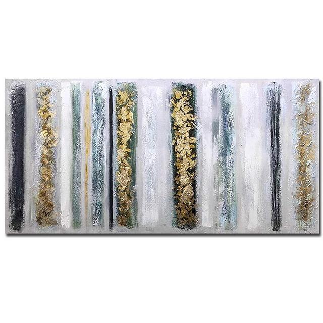 Boiee Art,24x48inch 100% Hand Painted Gold Lines Wall Art Abstract Neutral Oil Paintings Dark Grey White Modern Minimalist Canvas Artwork Home Decor Art Wood Inside Framed Ready to Hang