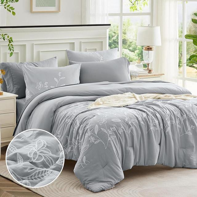 MAIREVE Embroidery Comforter Sets King Size - 7 Pieces, Light Grey Farmhouse Floral Bedding Set Gray, All Season Bed in A Bag King with Sheets, Comforters, Pillowcases & Shams