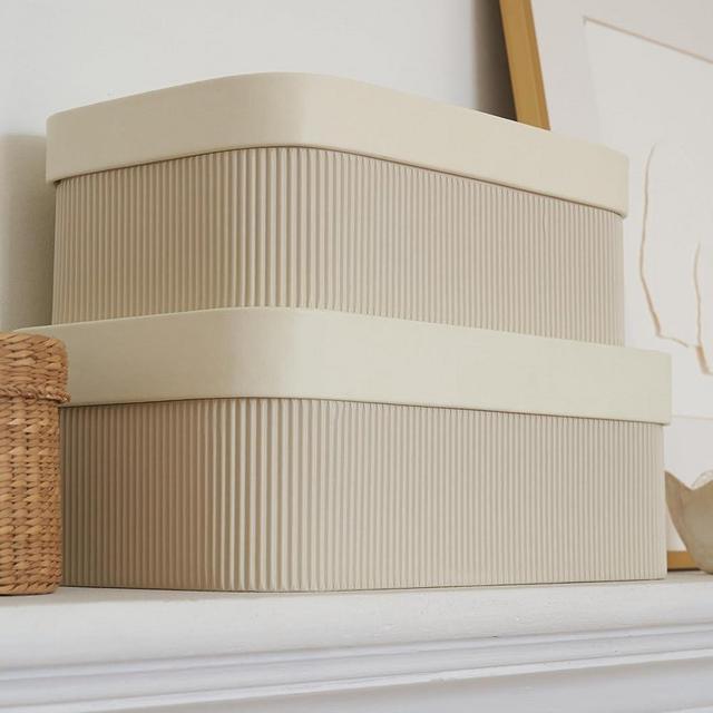 Decorative Storage Boxes with Lids – Set of 2 Beautiful Fluted Cardboard Organizer Bins for Your Home Bookshelf Decor to Safely Store Your Documents, Memory Box Items and Other Keepsakes in Style