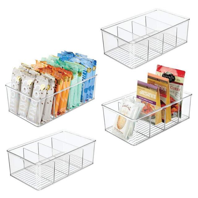 mDesign Plastic Food Storage Organizer Bin Box - 4 Divided Sections - Holder for Seasoning Packets, Pouches, Soups, Spices, Snacks for Kitchen, Pantry, Cabinet, Refrigerator, 4 Pack - Clear