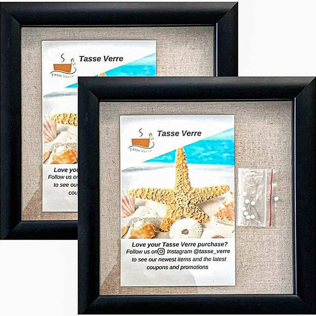 Tasse Verre 8"x8" Black Display Shadow Box (2-pack) Frame w/ Linen Background and 16 Stick Pins - Ready To Hang Shadowbox Picture Frame - Easy to Use - Box Display Baby Sports Memorabilia Wedding