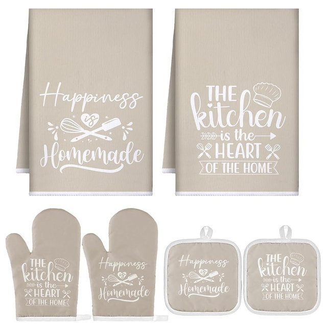 Sratte 6 Pcs Kitchen Decor Accessories Set Farmhouse Towels Pot Holders Oven Mitts Set 2 Dish Towels 2 Potholders 2 Cooking Mittens Oven Glove for Christmas Baking Cooking Supply(Beige,Kitchen)