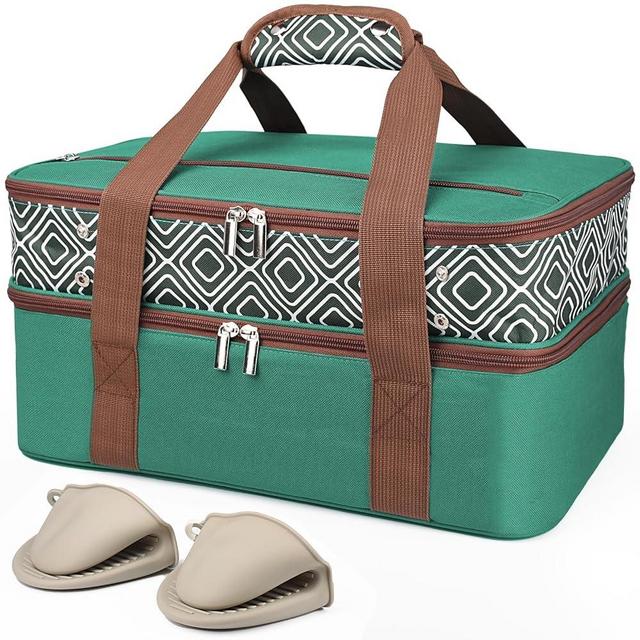 CaCTOUR Casserole Carrier for Hot or Cold Food, Double Decker Expandable Food Carrier with Dish Storage,Lasagna Holder Tote for Potluck Parties, Picnic, Beach, Fits 9"x13" Baking Dish (Green)
