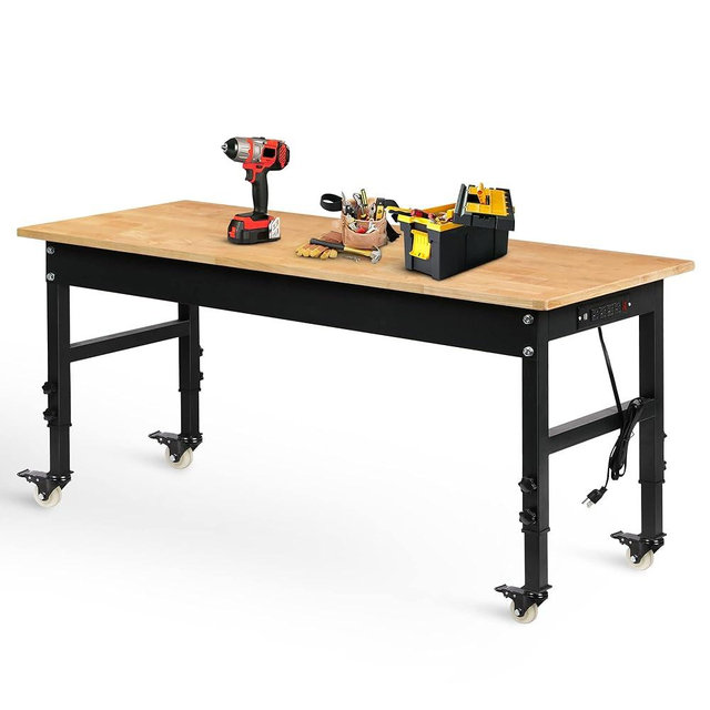 Betterhood 60" Adjustable Workbench for Garage, Rubber Wood Heavy Duty Workstation with Power Outlets & Wheels, 2000 LBS Load Capacity Hardwood Worktable for Workshop, Garage, Office, Home, Commercial