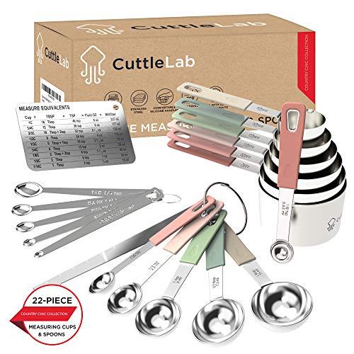 CuttleLab 22-Piece Stainless Steel Measuring Cups and Spoons Set, Tad Dash Pinch Smidgen Drop Mini Measuring Spoons, Measuring Stick Leveler, Measurement Conversion Chart Fridge Magnet, (Country Chic)