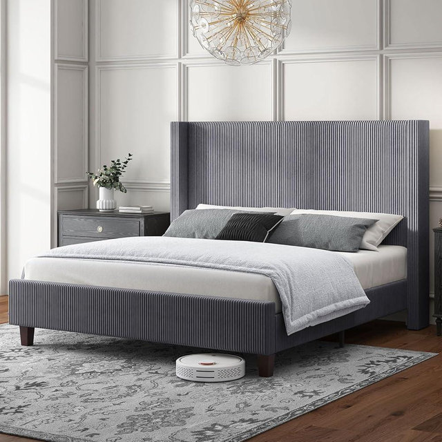 HOWE Queen Size Upholstered Platform Bed Frame, Wingback Bed with 50.8" Headboard, Corduroy/Solid Wood Leg/No Box Spring Needed/Noise Free/Grey