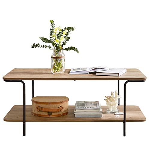 Linsy Home Sofa Console Coffee Table with 2 Shelves for Living Room Apartment, Dark Burlywood Look and Metal Frame, LS208L1-A