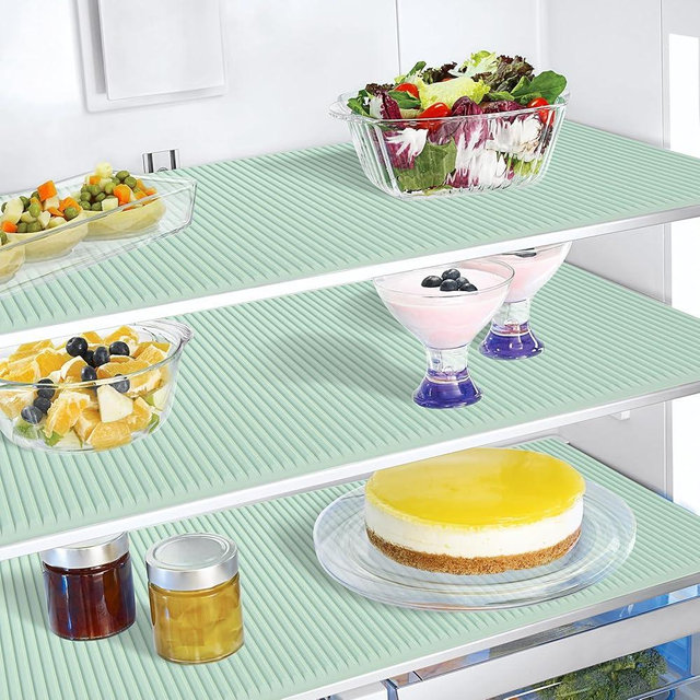 Non-Slip Silicone Refrigerator Liners for Shelves, Reusable Washable Fridge Shelf Drawer Liners, Cuttable Waterproof Oilproof Fridge Liner for Glass Shelve Kitchen Cabinet Drawer Mats (Green, 2 Pack)