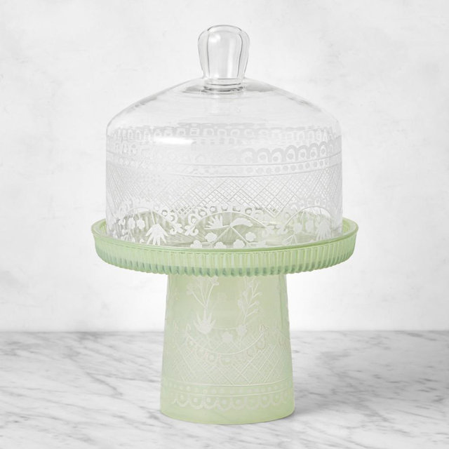 Famille Rose Glass Cake Stand with Cloche, Medium