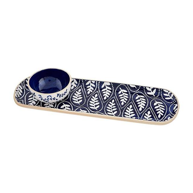Mud Pie Indigo Dip with Tray Boxed Set, Size 4 1/2" x 15" 2" x 3 3/4" Dia, White