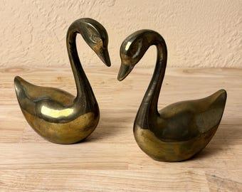 Vintage Brass Swan Figurines Pair Mid Century Hollywood Regency Decor