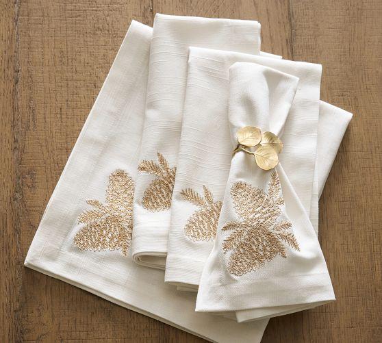 Gold Pinecone Embroidered Cotton Napkins - Set of 4