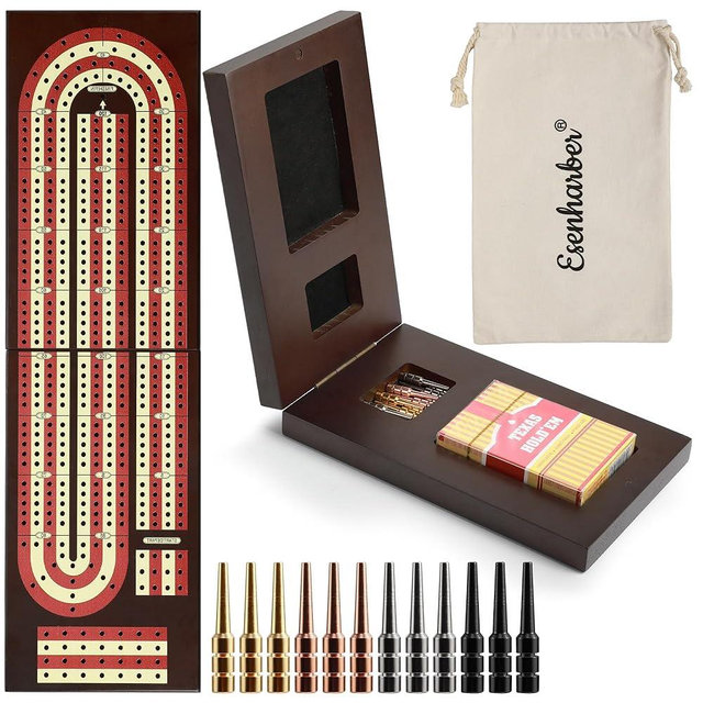 Cribbage Board, Foldable 4-Track Cribbage Board Game Set, Solid Wood Game Board with 12 Brass Pegs & Felt-Lined Storage, for 2-4 Players, with Convenient Pouch