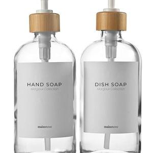 MaisoNovo Glass Dish Soap Dispenser for Kitchen Set of 2-16.9oz Clear Dish and Hand Soap Dispenser Set for Kitchen - Clear Glass Bottles x 2 with White Bamboo Pumps & Tray