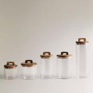 BOROSILICATE GLASS AND WOOD STORAGE JAR - 7.1" Tall 5.1" Wide