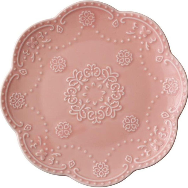 YBK Tech Elegant Round Embossed Lace Plate, Ceramic Serving Plate for Breakfast Afternoon Tea (Pink, 6-inch)