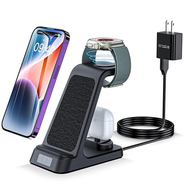 HUOTO Wireless Charging Station,18W Fast Qi Wireless Charger Compatible with iPhone 14/13/12/11/Pro/8,3 in 1 Wireless Charging Dock Stand for Apple Watch Series & Airpods (with Adapter) (Black)