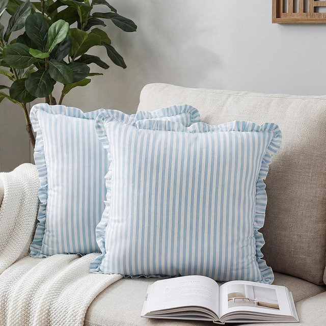 Yousoontic 2 Pcs Striped Coastal Pillows with Ruffle 20 x 20 Inches Blue and White Square Striped Throw Pillows Cotton Decorative Cushion Sham for Couch Living Room Bed Sofa Home Backyard Patio