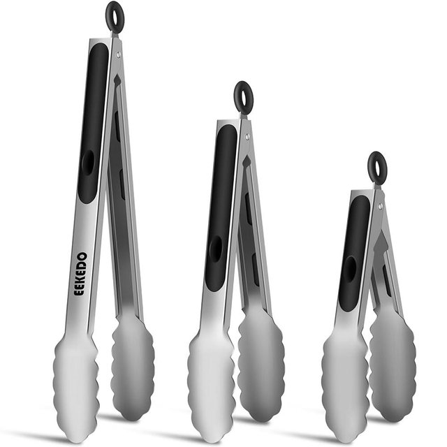 EEKEDO Metal Tongs for Cooking, Heat Resistant 600 Degrees Stainless Steel Kitchen Tongs with Silicone Handle, Locking Tongs for BBQ, Grilling, Serving, Salad, Dishwasher, Set of 3(7", 9" and 12")