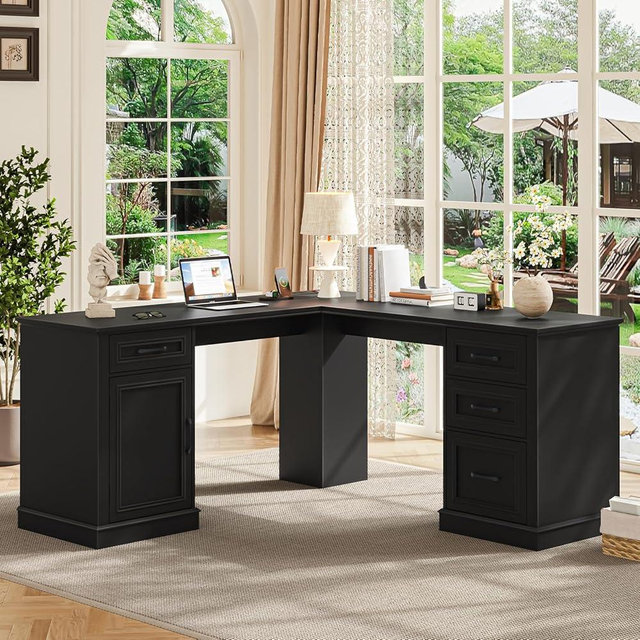 Vabches Farmhouse 59" L-Shaped Executive Desk with Drawers, Wood Home Office Corner Desk with Charging Station, File Drawer, Storage Cabinet, Rustic Computer Writing Desk for Home Office(Black