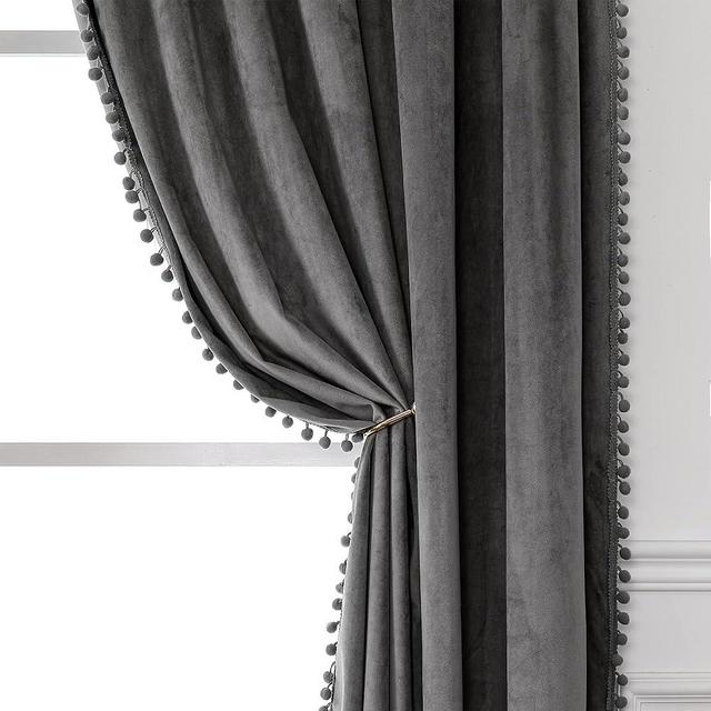 Victree Pom Pom Velvet Curtains for Bedroom, Blackout Curtains 52 x 84 inch Length - Room Darkening Sun Light Blocking Rod Pocket Window Drapes for Living Room, 2 Panels, Light Grey