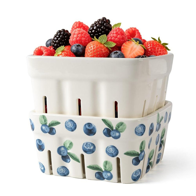 AELS Ceramic Berry Basket, 5.9" Container for Fruit & Vegetables, Farmhouse Fruit Bowl, Strawberry Decor, Farmers Market, Stoneware Harvest Bowls for Kitchen, Beige and Blueberry