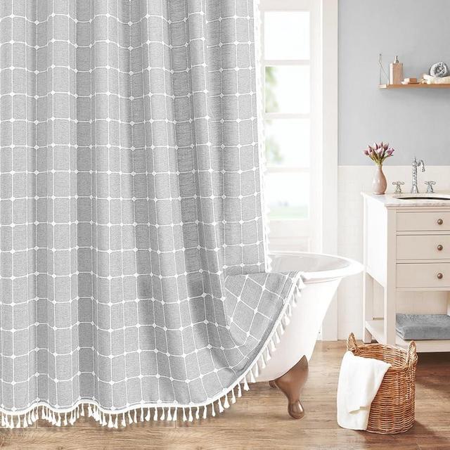 MitoVilla Grey Boho Shower Curtains for Modern Farmhouse Bathroom Decor, Country Thick Cotton Linen Fabric Shower Curtain, Rustic Tassel Cloth Shower Curtain, 72 x 72, Light Grey