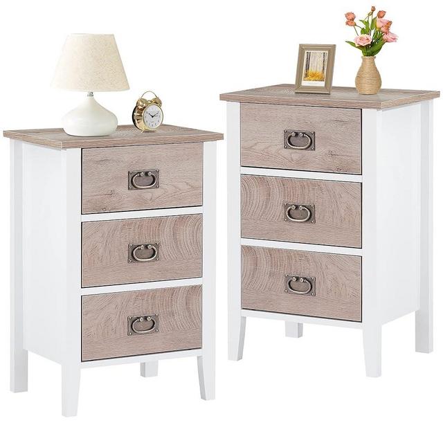 VECELO Nightstands Set of 2, Side End Table with 3 Drawers for Bedroom, Living Room Sofa Bedside, Vintage Accent Furniture Small Space Storage Cabinet, Solid Wood Legs