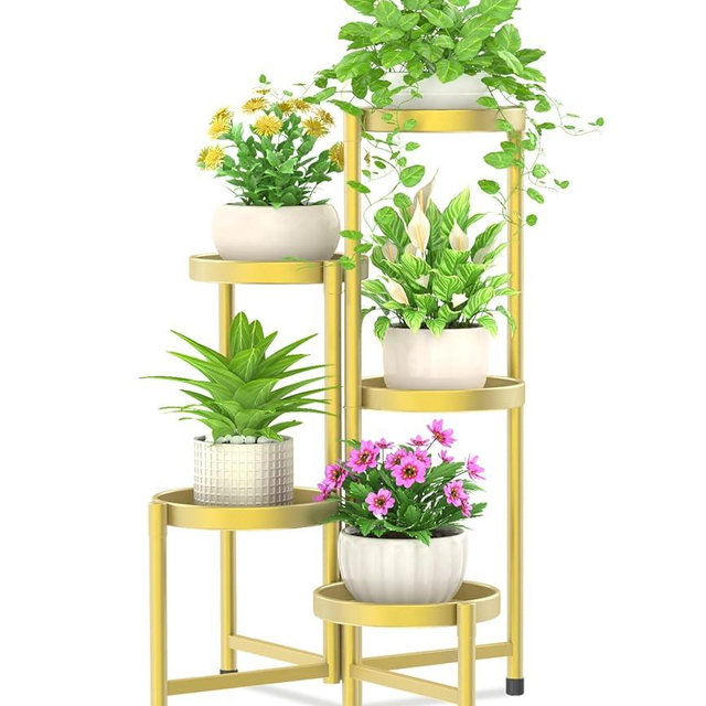 iDavosic.ly 5 Tier Metal Plant Stand for Indoor Outdoor, Folding Tiered Corner Flower Display Holder Shelf, 31 Inch Tall Orchid Rack for House Patio Balcony Garden Living Room, Gold