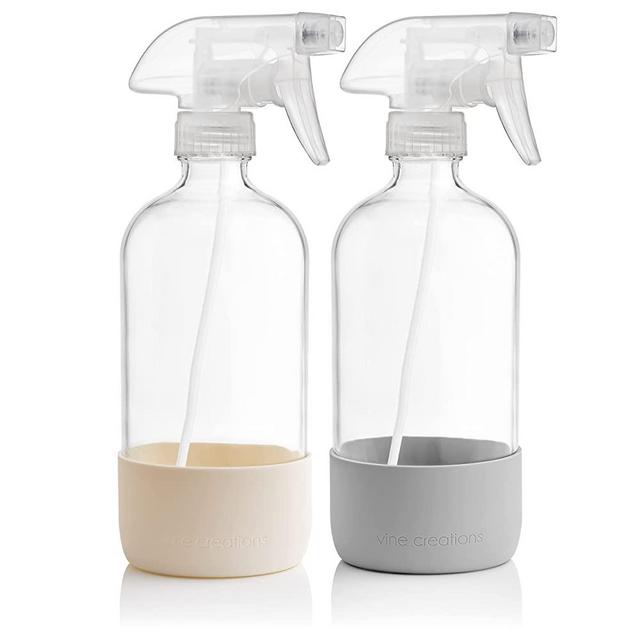Vine Creations Clear Glass Spray Bottles with Silicone Sleeve, 16oz Refillable Empty Bottle for Cleaning Solutions, Water Sprayer, Essential Oils, Plants Mister, 2 Pack (Alaskan Gray & Cream White)