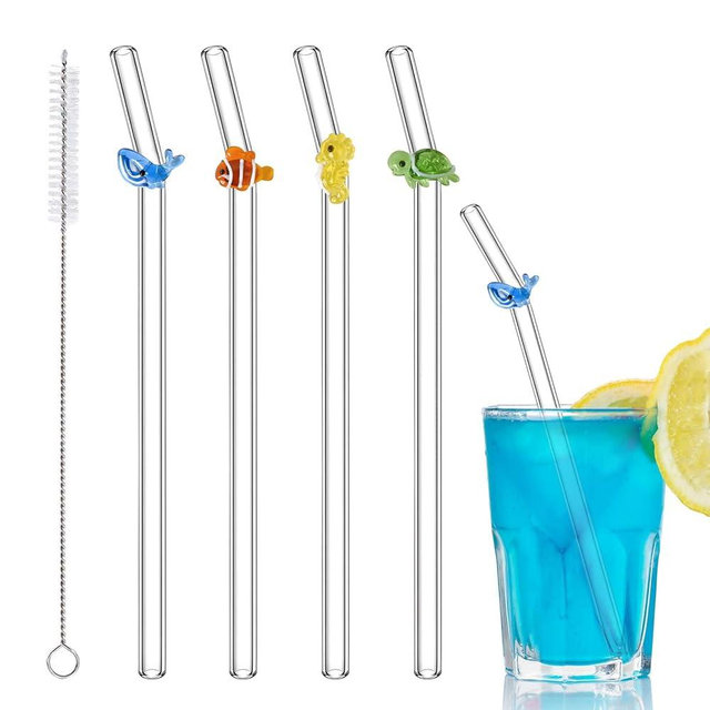 4 Pcs Glass Straws Shatter Resistant with 1 Cleaning Brushes, Colorful Cute Reusable Straw for Ocean Themed Party Decorations, Juice, Summer Beach, Birthday Party(Sea Animal)