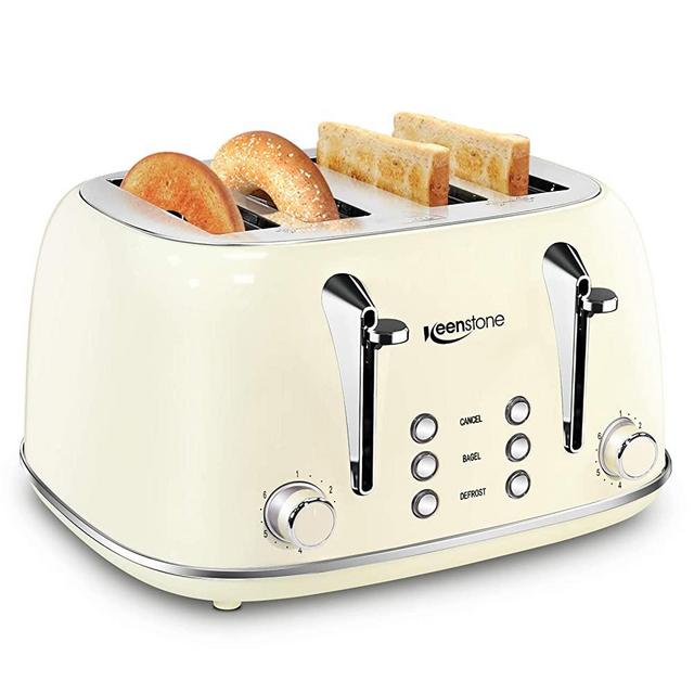 Toasters 4 Slice, Keenstone Retro Stainless Steel Bagel Toaster with Wide Slots, Beige