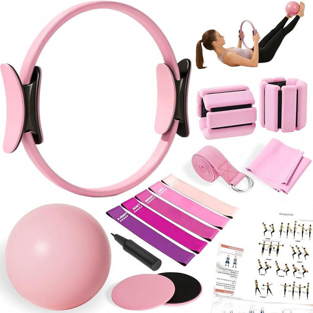 VNNYEOZ Pilates Equipment Kit for Home Workout,Pilates Ring and Ball Set,Pilates Essentials Accessories Kit for Women with Core Sliders,Adjustable Ankle Wrist Weight,Exercise Resistant Bands