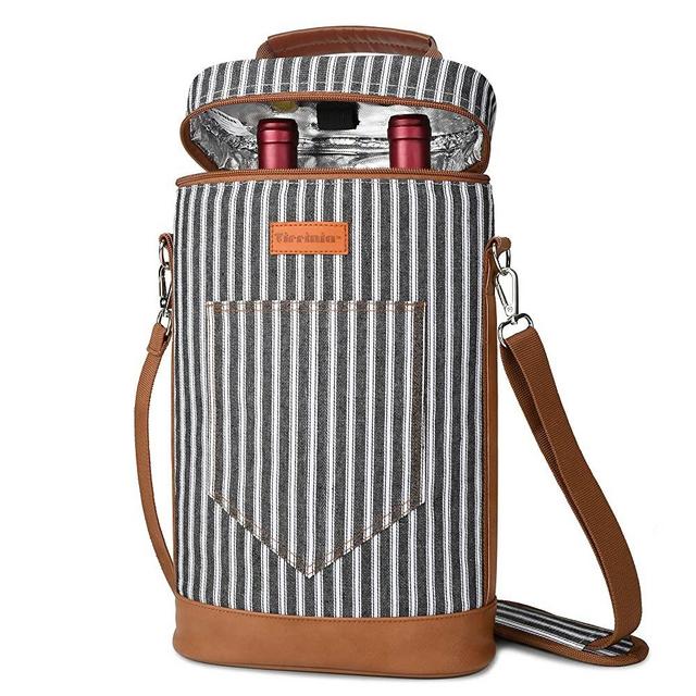 Tirrinia 2 Bottle Wine Tote Carrier - Insulated & Padded Versatile Cooler Bag for Travel, BYOB Restaurant, Wine Tasting, Party, Great Gift for Wine Lover, Black Stripe