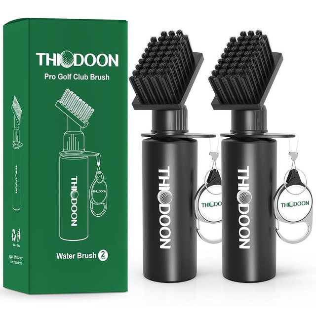 THIODOON 2 Pack Black Golf Club Brushes Set with Handy Retractable Clip & 4oz/7.5 Inch Squeeze Water Bottle Easy Cleaning with Nylon Golf Club Cleaner Head Essentials Golf Accessories for Men